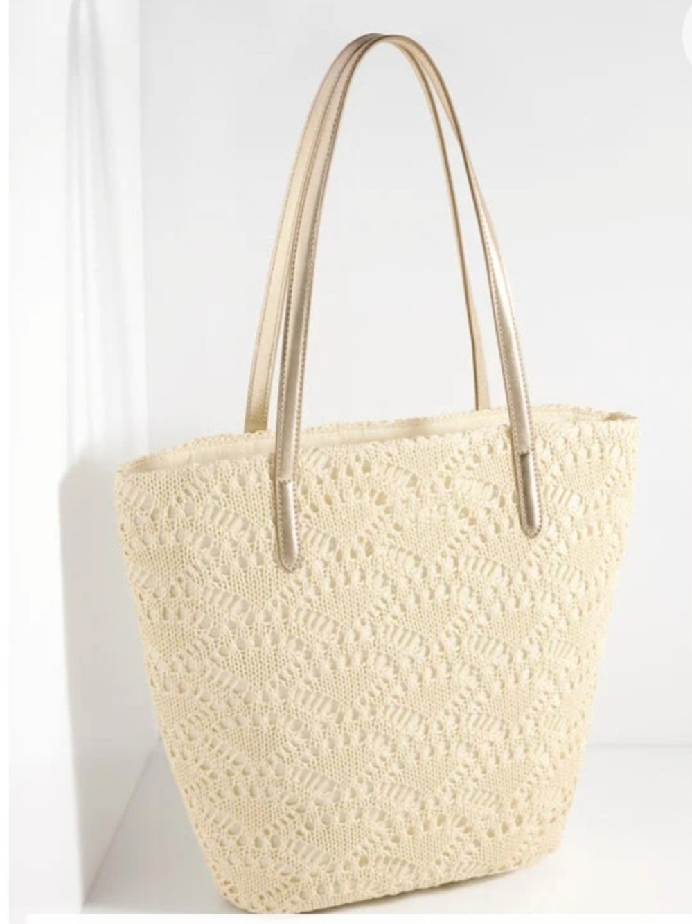 Crochet Tote Bag in Cream with Metallic Handles
